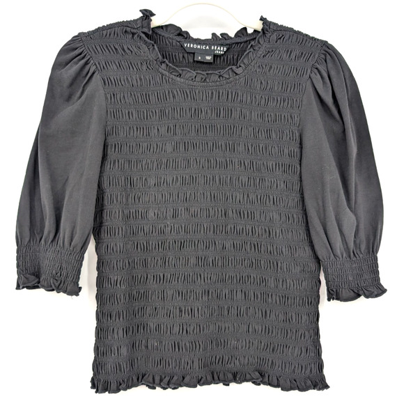 Veronica Beard Langston Smocked Puff Sleeve Ruffle Top Small Black Coquette Prep - Picture 2 of 12